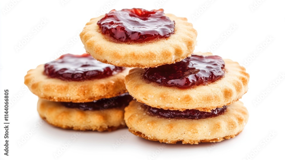 Delicious handmade cookies filled with fruit jam stacked on a clean white background showcasing tempting dessert appeal Delicious handmade cookies filled with fruit jam stacked on a clean white background showcasing tempting dessert appeal