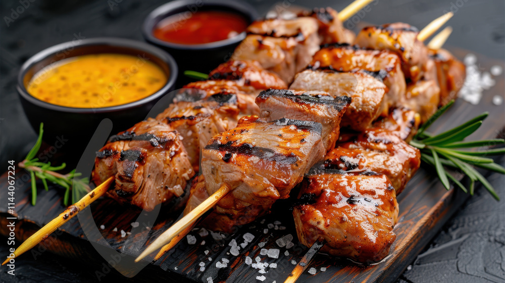 Juicy grilled meat skewers served on a rustic wooden platter with mustard and spicy tomato dips, garnished with rosemary and sprinkled with coarse salt.
Juicy grilled meat skewers served on a rustic wooden platter with mustard and spicy tomato dips, garnished with rosemary and sprinkled with coarse salt.