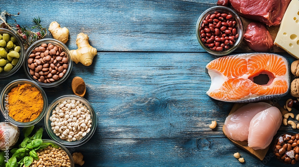 Food ingredients displayed beautifully on wood overhead photo. AI Generated Food ingredients displayed beautifully on wood overhead photo. AI Generated