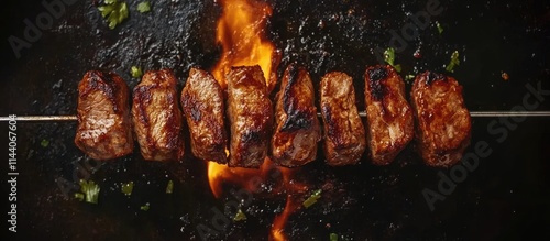 Grilled beef kebabs on skewers over open flame showcasing delicious street food barbecue preparation at an outdoor picnic. photo