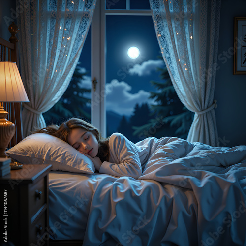 A peaceful night s sleep under the moonlight with soft draperies and a cozy atmosphere, digital painting of nighttime tranquility concept. photo