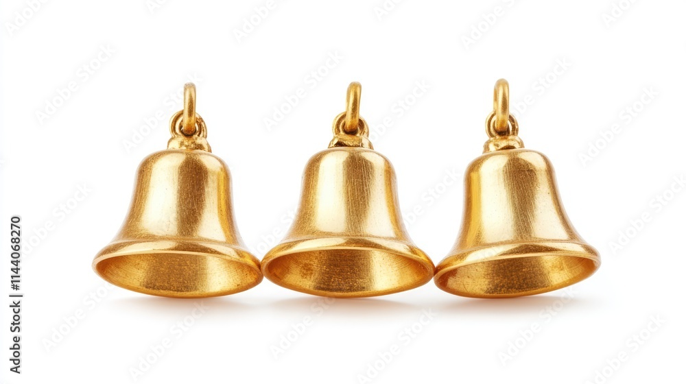 Trio of golden decorative bells isolated on a white background for festive or holiday themes Trio of golden decorative bells isolated on a white background for festive or holiday themes