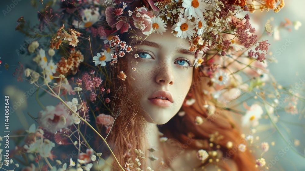 Dreamlike portrait of a woman adorned with flowers in soft light Dreamlike portrait of a woman adorned with flowers in soft light