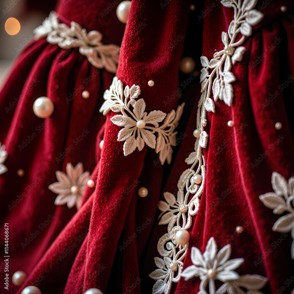 Luxurious red velvet dress with elegant embroidery and pearls for elegant fashion design inspiration, photography of fashion concept.