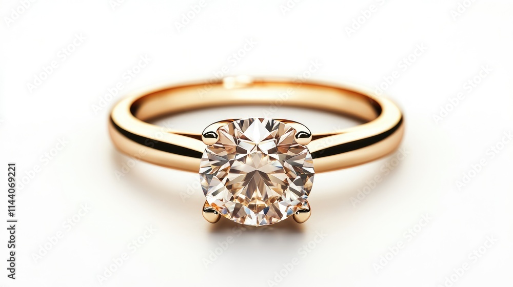 Elegant gold ring featuring a brilliant diamond solitaire on a pristine white background, perfect for showcasing luxury jewelry designs. Elegant gold ring featuring a brilliant diamond solitaire on a pristine white background, perfect for showcasing luxury jewelry designs.