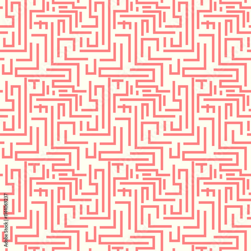 Seamless abstract geometric pattern featuring a maze-like design in a minimalistic style. The pattern is characterized by clean lines and a vibrant coral color on a neutral background, creating a mode