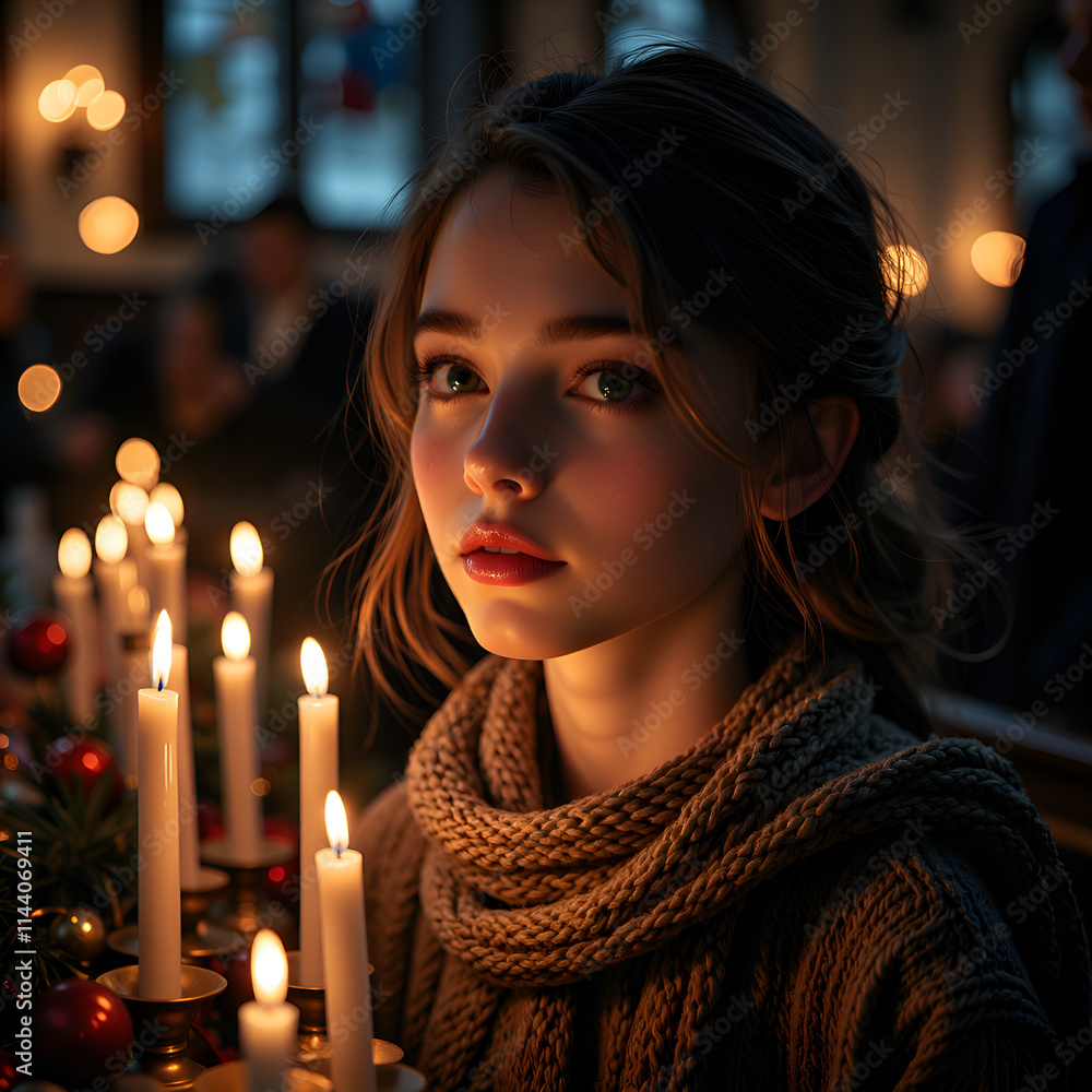 A young woman illuminated by candlelight in a cozy winter gathering, photography of portraiture concept. A young woman illuminated by candlelight in a cozy winter gathering, photography of portraiture concept.