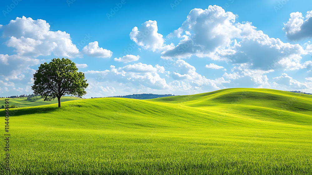 Obraz premium Green Hills Meadows Under Blue Sky, Lush grassland landscape, Bright blue sky with fluffy white clouds, Pastoral countryside scene