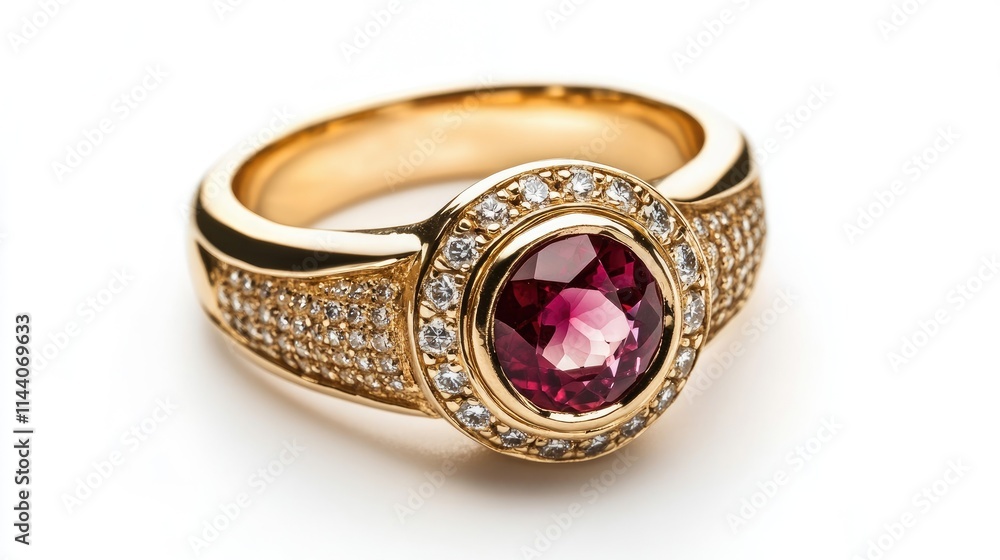 Elegant gold ring featuring a central ruby surrounded by sparkling diamonds on a clean white background for jewelry showcasing. Elegant gold ring featuring a central ruby surrounded by sparkling diamonds on a clean white background for jewelry showcasing.