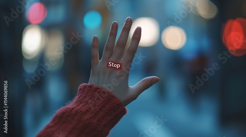 A young woman's hand is raised with 'Stop' written across her palm, set against a blurred city backdrop. photo