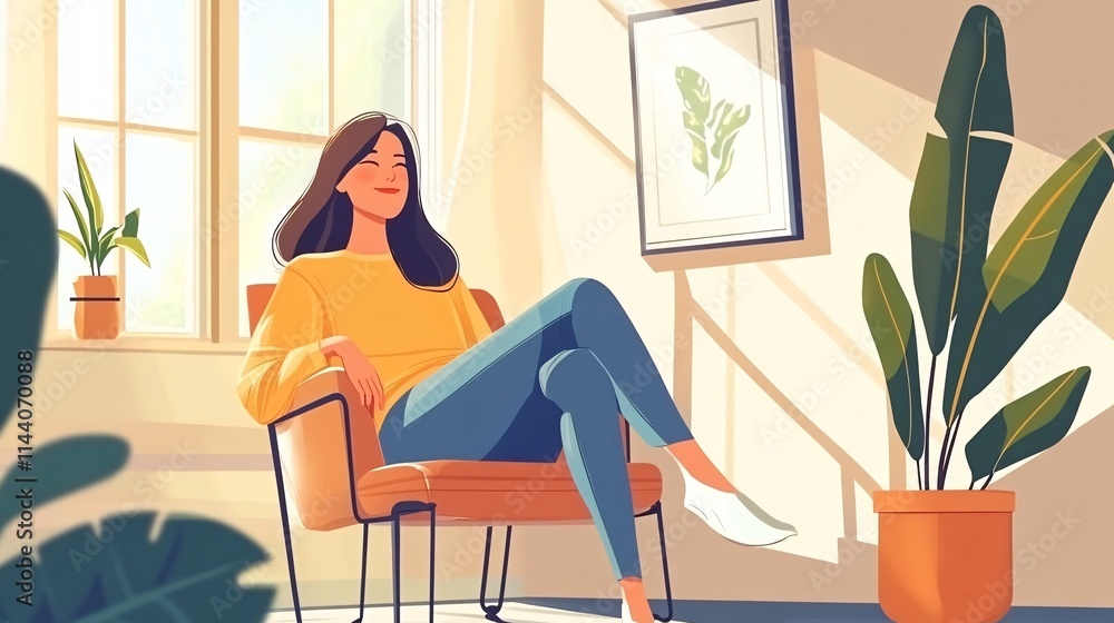 A young woman relaxes in a sunlit room, enjoying a moment of tranquility surrounded by greenery. A young woman relaxes in a sunlit room, enjoying a moment of tranquility surrounded by greenery.