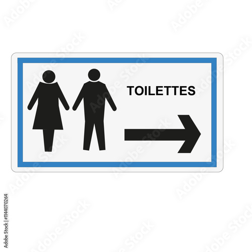 Panneau rectangulaire sur fond blanc avec bordure bleue indiquant des toilettes	