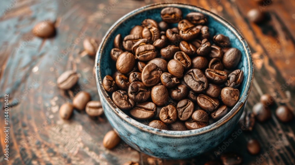 Fototapeta premium Bowl of roasted coffee beans on a wooden table