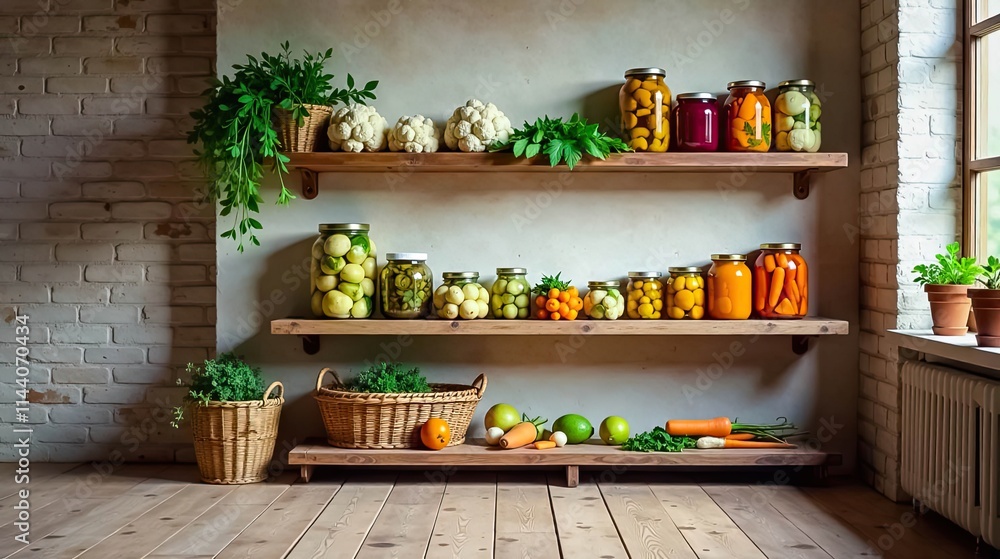Rustic kitchen pantry shelves showcasing an assortment of preserved vegetables and fruits in glass jars, complemented by fresh produce and potted herbs in wicker baskets. Rustic kitchen pantry shelves showcasing an assortment of preserved vegetables and fruits in glass jars, complemented by fresh produce and potted herbs in wicker baskets.