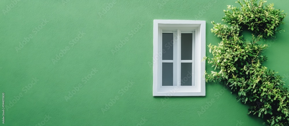 Bright green wall with a white window framed by greenery providing a fresh and inviting backdrop ideal for text placement and design projects Bright green wall with a white window framed by greenery providing a fresh and inviting backdrop ideal for text placement and design projects