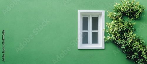 Bright green wall with a white window framed by greenery providing a fresh and inviting backdrop ideal for text placement and design projects