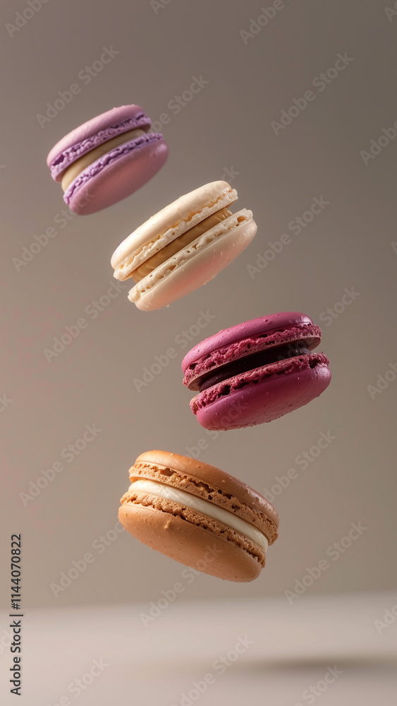macarons suspended in mid air against neutral background macarons suspended in mid air against neutral background