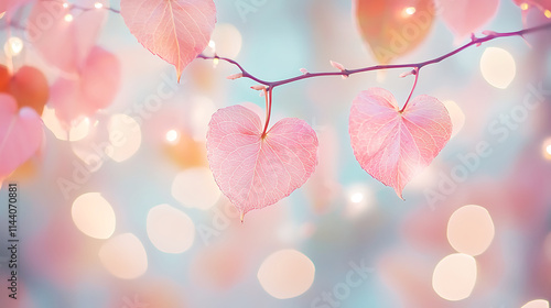 Leaves in the Shape of Heart Background, Pastel colors, Soft bokeh background, Dreamy atmosphere, Delicate branches