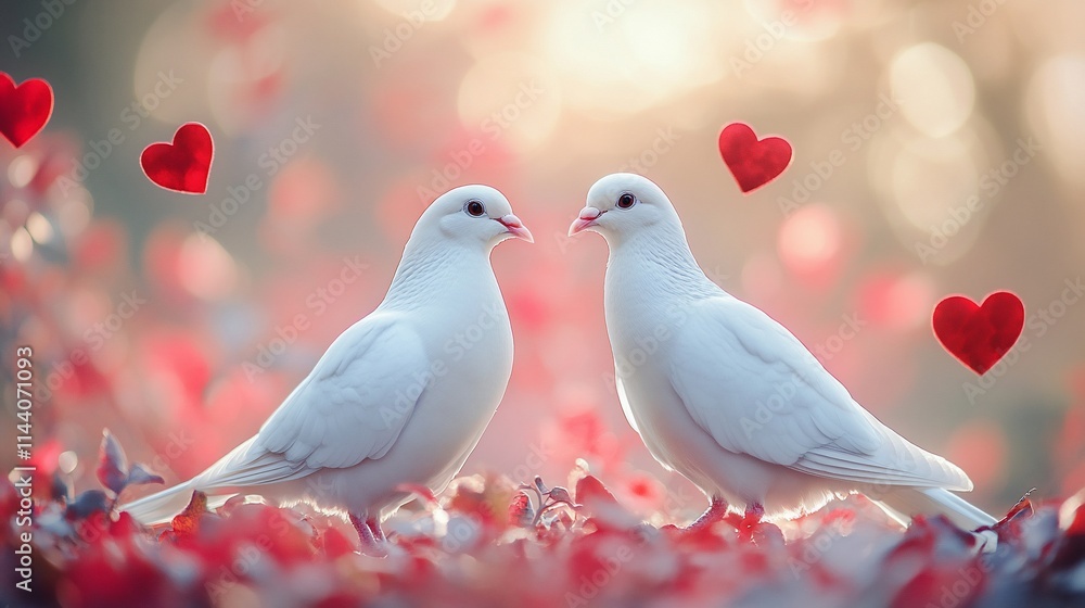 Two white doves facing each other amidst red leaves and hearts.