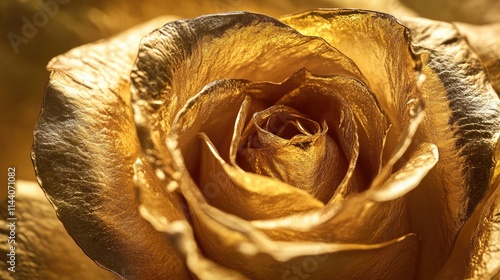 Golden rose close-up showcasing intricate petal details and shimmering texture in luxurious golden hues. Perfect for elegance and beauty themes. photo