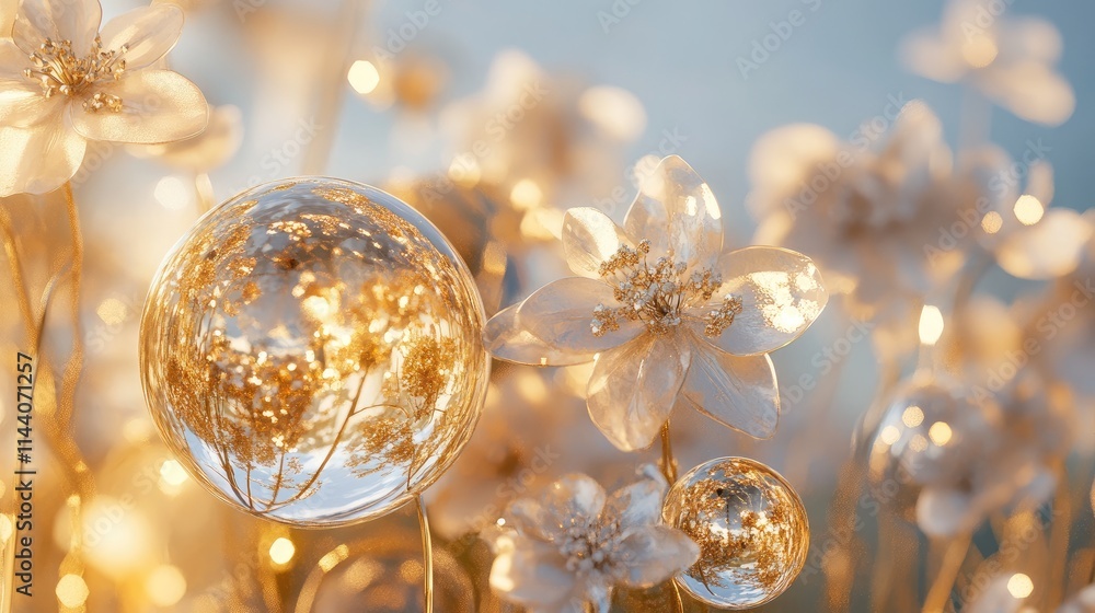 Golden spheres adorned with delicate flowers in soft focus, creating a dreamy and enchanting floral composition with shimmering reflections. Golden spheres adorned with delicate flowers in soft focus, creating a dreamy and enchanting floral composition with shimmering reflections.