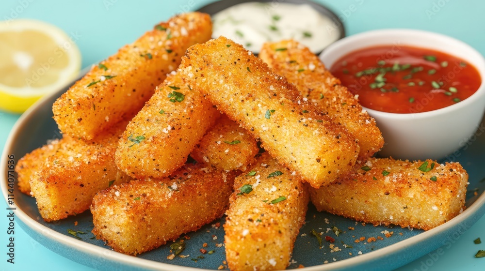 Golden brown polenta fries served with dipping sauces on a blue background showcasing a delicious snack or appetizer scene Golden brown polenta fries served with dipping sauces on a blue background showcasing a delicious snack or appetizer scene