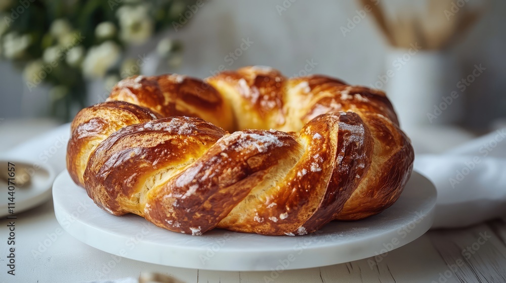 Golden Brown Twisted Pretzel on a White Serving Plate with a Floral Background Golden Brown Twisted Pretzel on a White Serving Plate with a Floral Background
