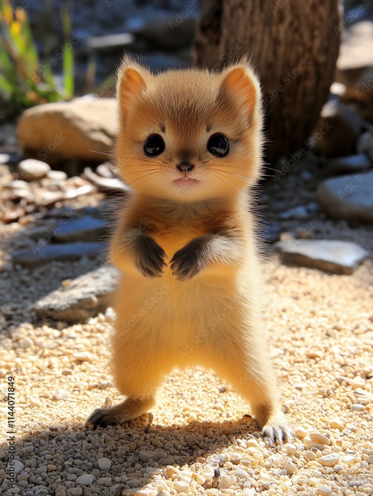 A baby animal with big eyes stands on a rocky surface A baby animal with big eyes stands on a rocky surface