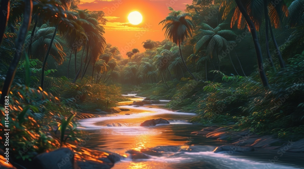 Fototapeta premium Tropical Rainforest at Sunset, Sunlight Through the Canopy, Winding River.