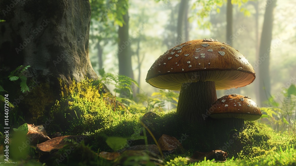 Fototapeta premium Boletus mushrooms growing in green moss covered forest.