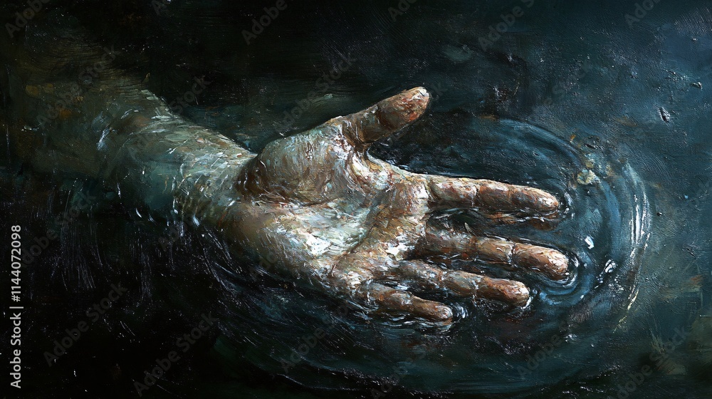 Fototapeta premium A close-up of a male hand reaching out above the surface of dark water, creating gentle ripples.