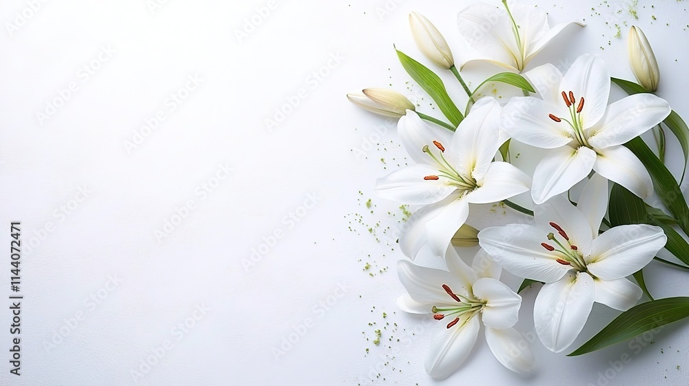 White lilies on a white background, top view. Space for text or message. Banner with space to add your own copy and text in a cursive font. Design concept for a funeral card White lilies on a white background, top view. Space for text or message. Banner with space to add your own copy and text in a cursive font. Design concept for a funeral card