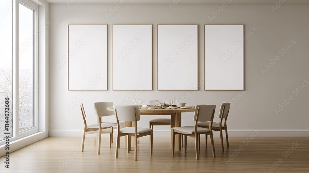 A minimalistic dining room featuring a wooden table and chairs, bathed in natural light from large windows. A minimalistic dining room featuring a wooden table and chairs, bathed in natural light from large windows.