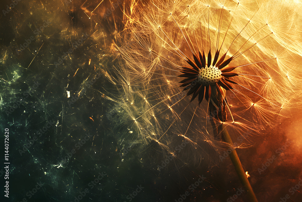 Obraz premium Dandelion close-up with a glowing golden and dark cosmic background, symbolizing wishes, dreams, hope, and ethereal beauty, perfect for artistic and inspirational themes