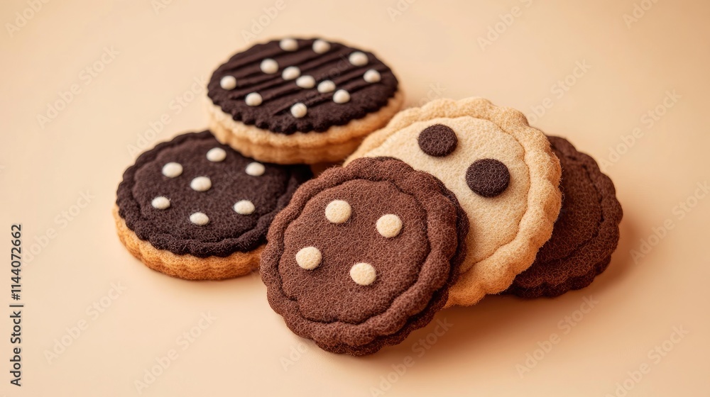 Handmade felt cookies arranged on a beige surface showcasing a romantic gift concept soft sweets for pretend play and creative decor Handmade felt cookies arranged on a beige surface showcasing a romantic gift concept soft sweets for pretend play and creative decor