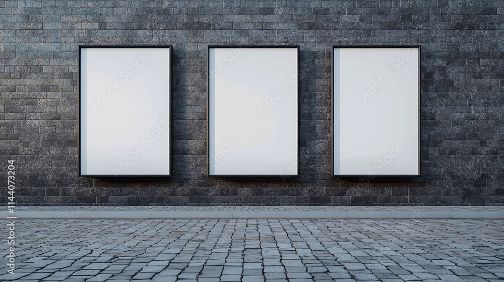 Three empty billboards on a dark stone wall, perfect for advertising or art installations. Three empty billboards on a dark stone wall, perfect for advertising or art installations.