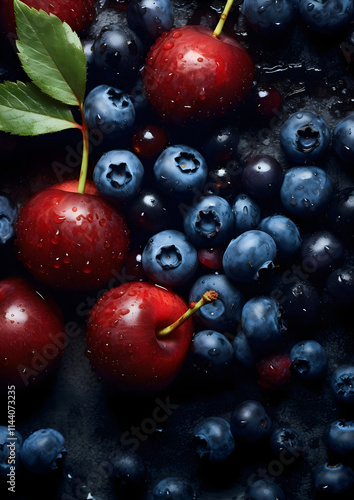 Blueberries and cherries background