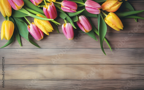 Pink and yellow tulips on vintage background