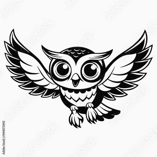 Black silhouette owls wild forest birds, flat vector illustration isolated on white background.