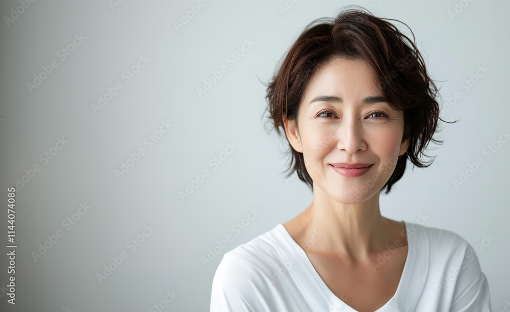 部屋で微笑む中年女性 美容イメージ AI 部屋で微笑む中年女性 美容イメージ AI