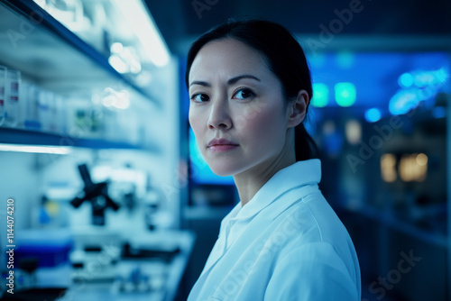 A focused scientist with an intense gaze in a high-tech laboratory, symbolizing dedication and innovation in scientific research and medical advancements.