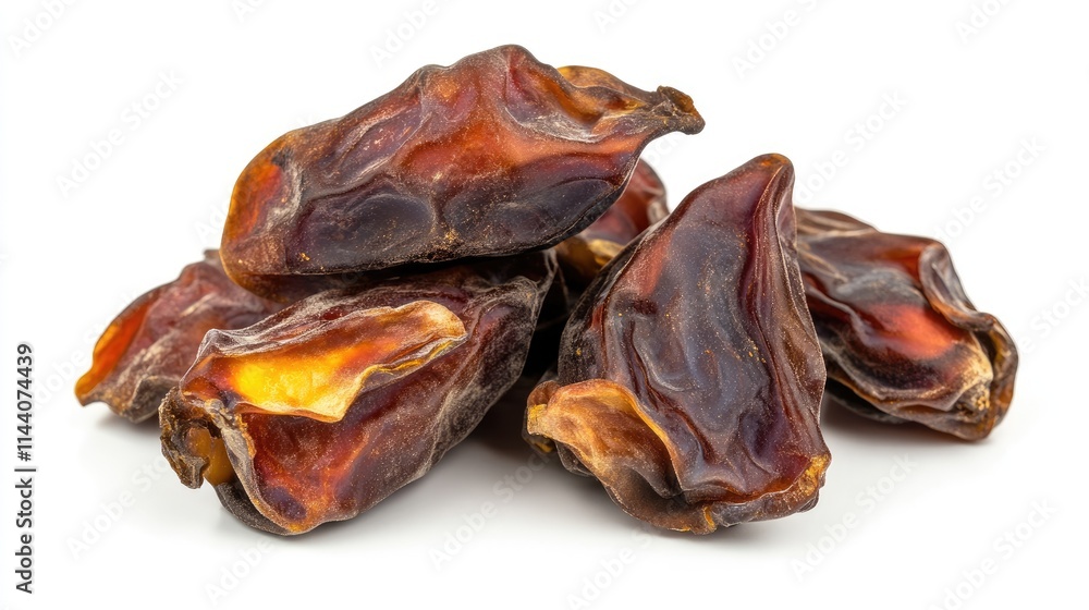 Handful of dried sluggish dates stacked on a white background showcasing the texture and color of this nutritious snack Handful of dried sluggish dates stacked on a white background showcasing the texture and color of this nutritious snack