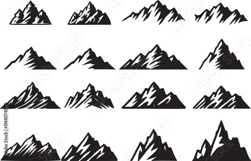 Collection of mountain silhouette icon set vector on transparent background 