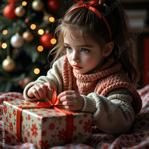 A young girl delightedly unwrapping a gift amidst a festive holiday setting, photography of candid concept. photo