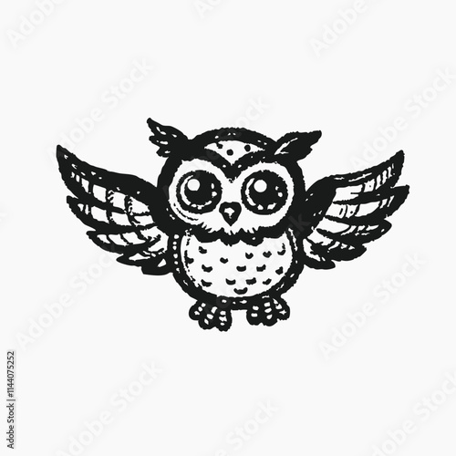 Black silhouette Brown owl with open wings, Cartoon funny owl isolated on white background