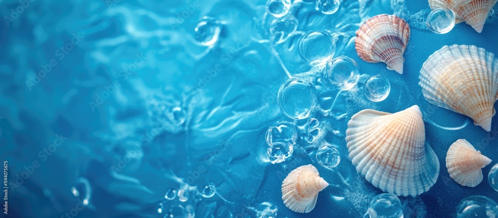 Vibrant blue sea backdrop with delicate glass sea shells and bubbles ideal for creative designs and seasonal marketing materials Vibrant blue sea backdrop with delicate glass sea shells and bubbles ideal for creative designs and seasonal marketing materials