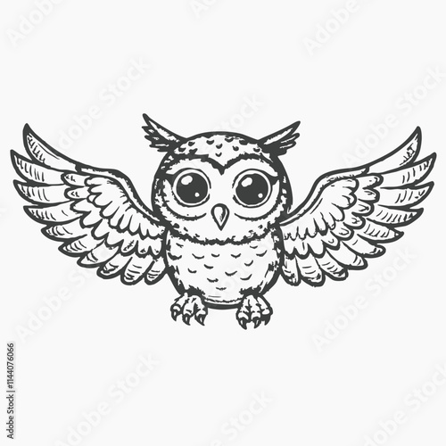 Black silhouette Brown owl with open wings, Cartoon funny owl isolated on white background