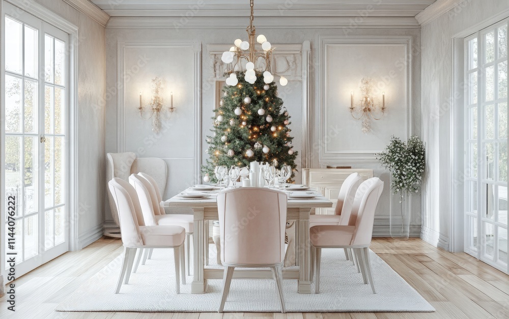 A bright and airy dining room with a glowing tree and soft pastel decor accents A bright and airy dining room with a glowing tree and soft pastel decor accents