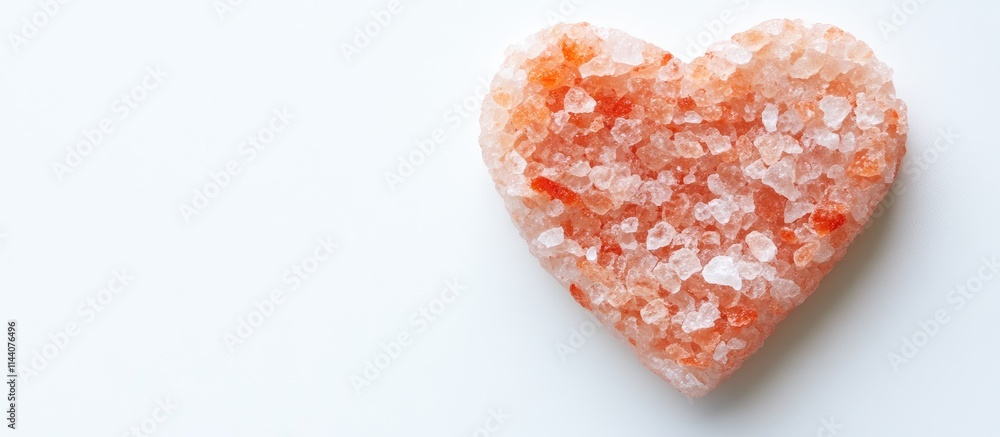 Fototapeta premium Heart shaped pink Himalayan salt on a white background symbolizing love and wellness in a minimalist aesthetic setting