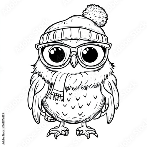 Adorable Owl Wearing Winter Glasses: Simple Coloring Page for Kids photo